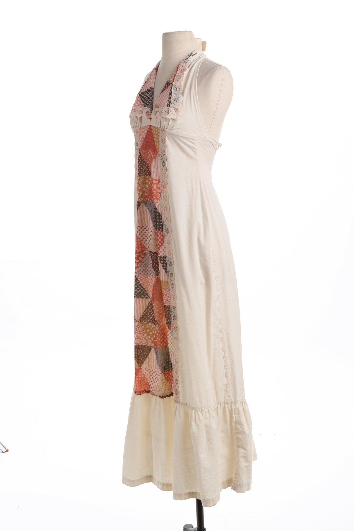 70's Long Beige Summer Dress with Patchwork Print Lace Details