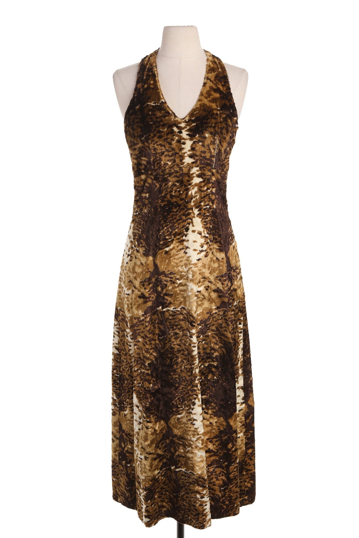 Vintage Long Animal Print Halter Strap Faux Fur Dress