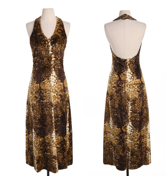 Vintage Long Animal Print Halter Strap Faux Fur Dress