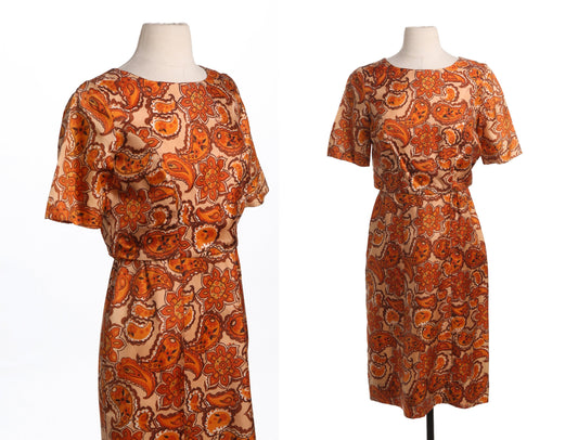 Vintage Paisley Casual Dress - Era 50's 60's - Brown Paisley Print