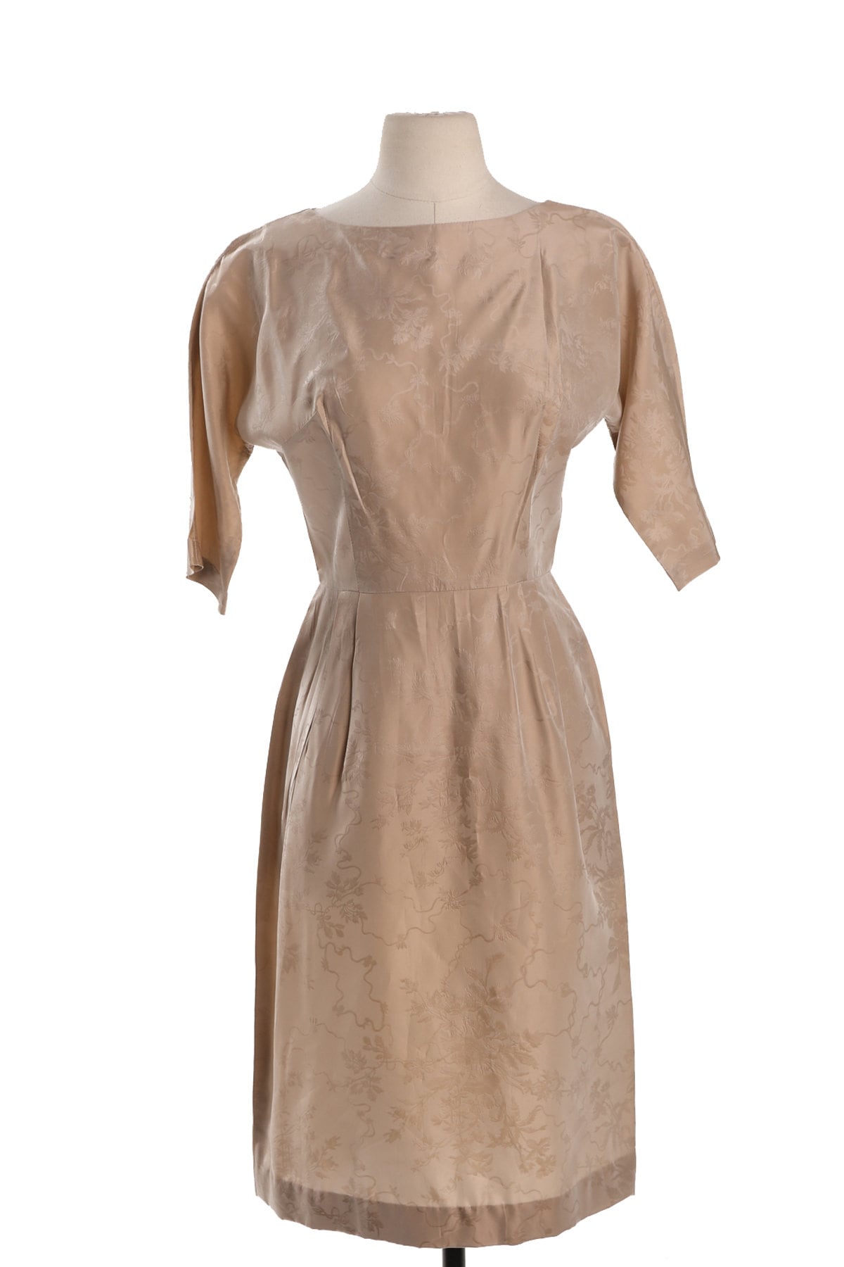 Vintage Women Evening Dress - Beige Brocade Floral Fabric - Era 50's - 60's