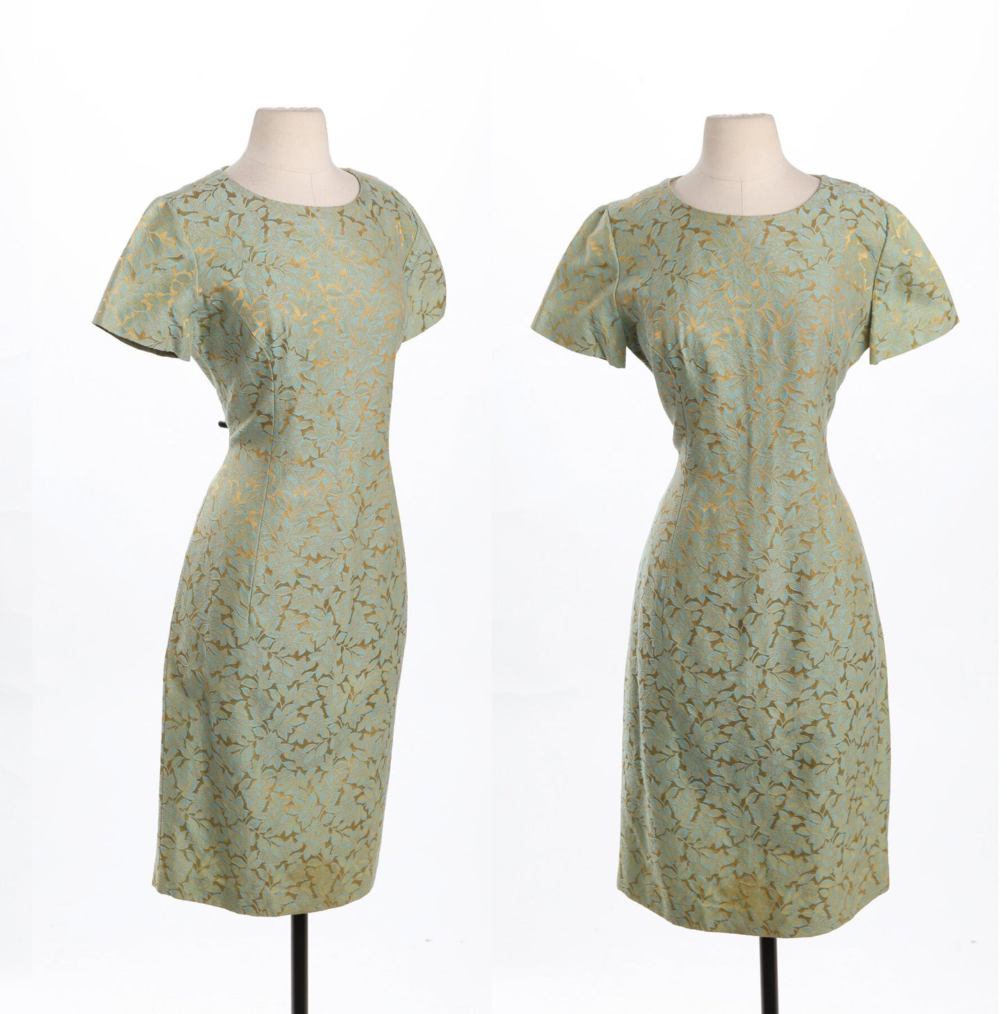 Vintage Women Evening Dress - Golden and Green Brocade Fabric - Era 50's - 60's
