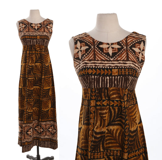 Vintage Hawaiian Dress - Brown Tribal Print - Era 70's - 80's