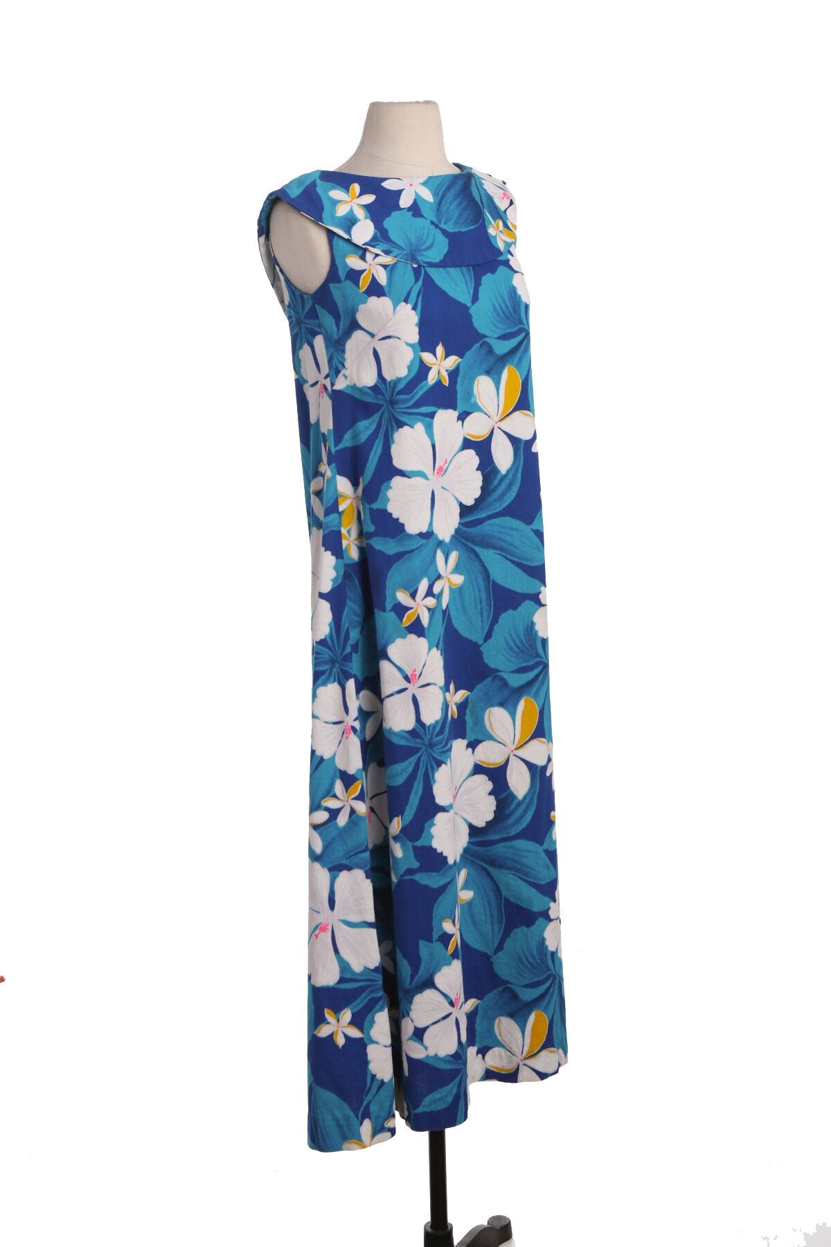 Vintage Blue Long Hawaiian Dress - White Flowers Print - Era 60's -70's