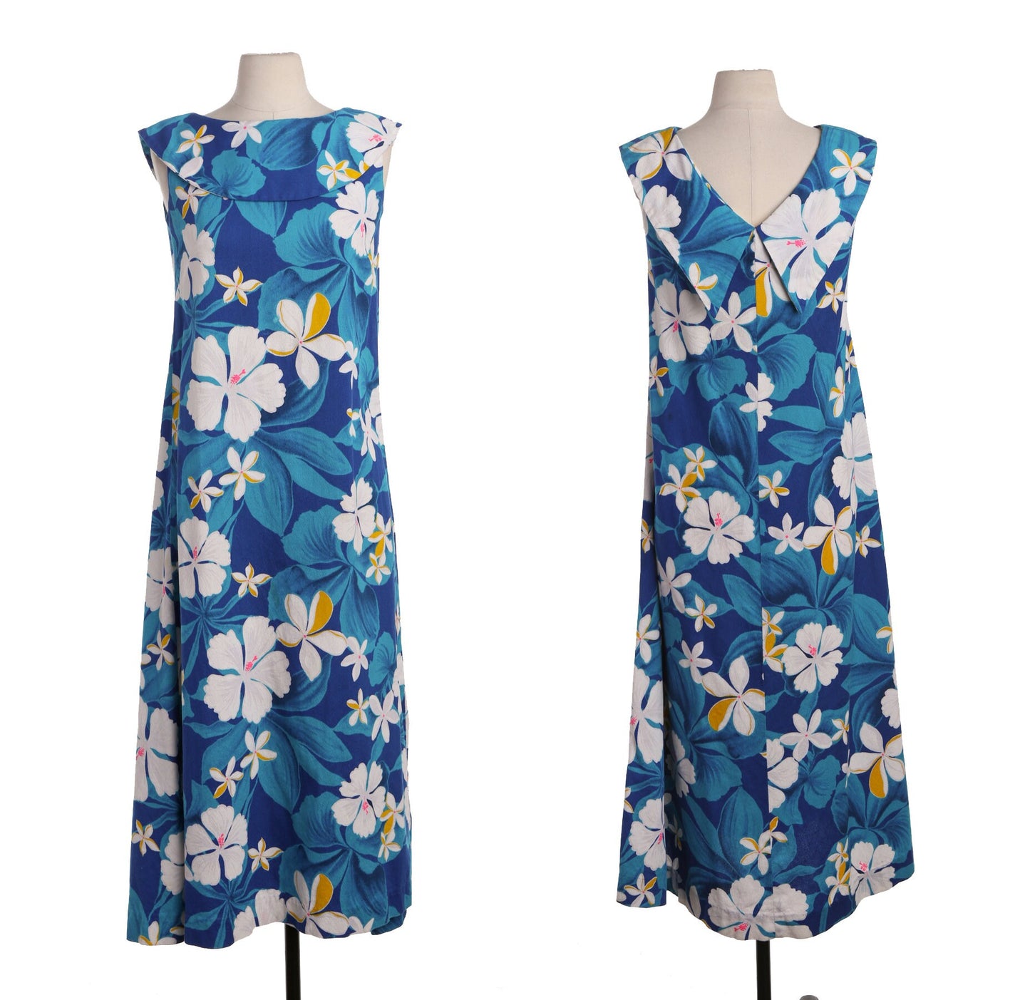 Vintage Blue Long Hawaiian Dress - White Flowers Print - Era 60's -70's