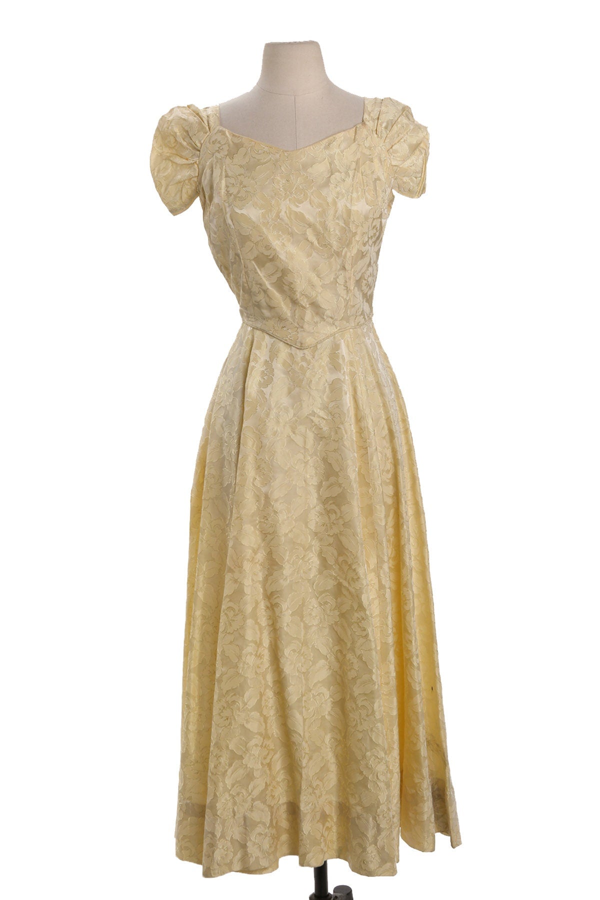 Vintage Yellow Ballgown Dress with Floral Print Brocade Fabric