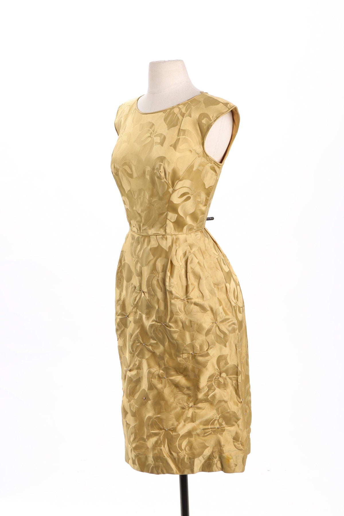 Vintage Women Evening Dress - Gold Plant Print Brocade Fabric - Era 50's - 60's - SOLD AS IS