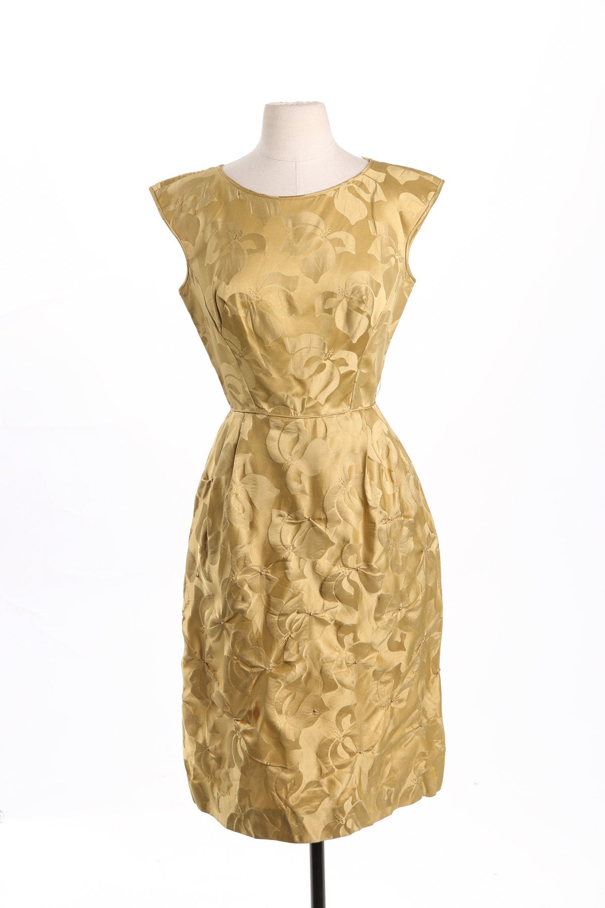 Vintage Women Evening Dress - Gold Plant Print Brocade Fabric - Era 50's - 60's - SOLD AS IS