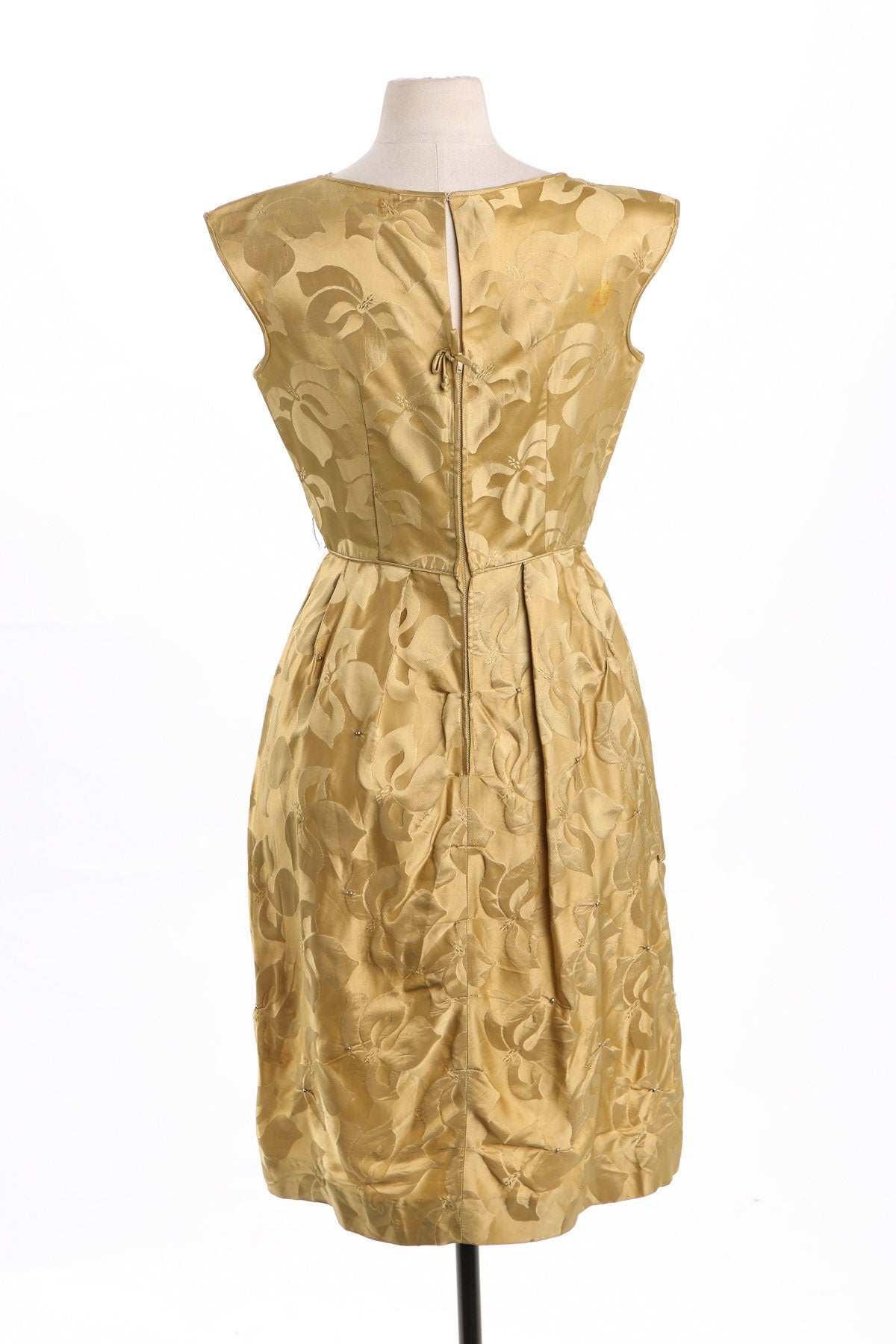 Vintage Women Evening Dress - Gold Plant Print Brocade Fabric - Era 50's - 60's - SOLD AS IS