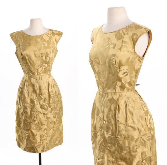 Vintage Women Evening Dress - Gold Plant Print Brocade Fabric - Era 50's - 60's - SOLD AS IS