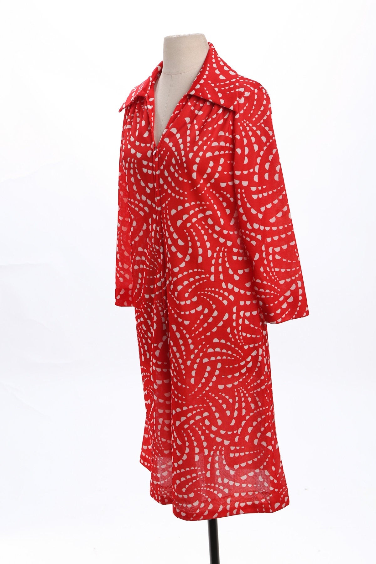 70'd Red Poly Front Zipper Closure Dress