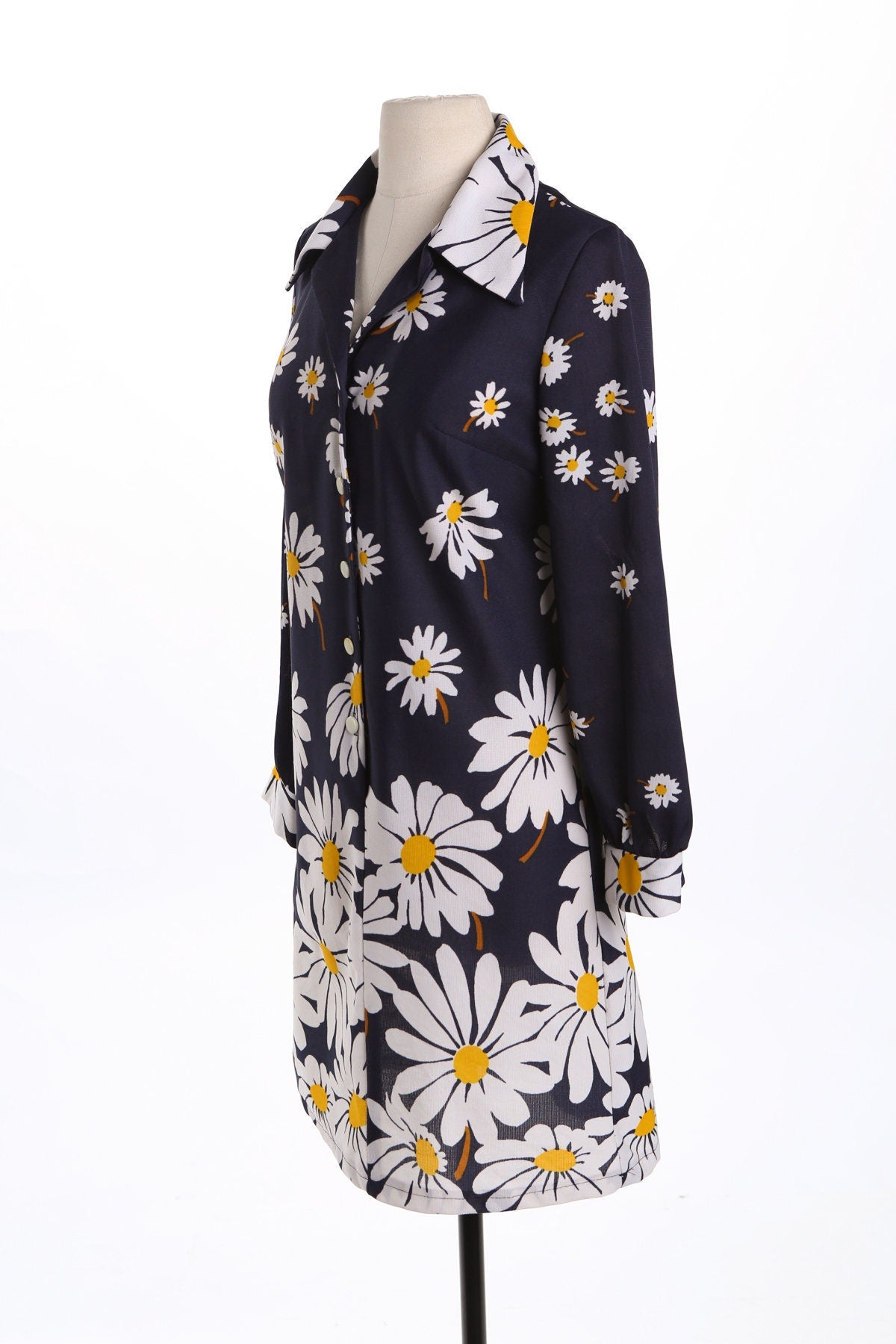 70's White Floral Print Blue Poly Dress - Mod - Collared