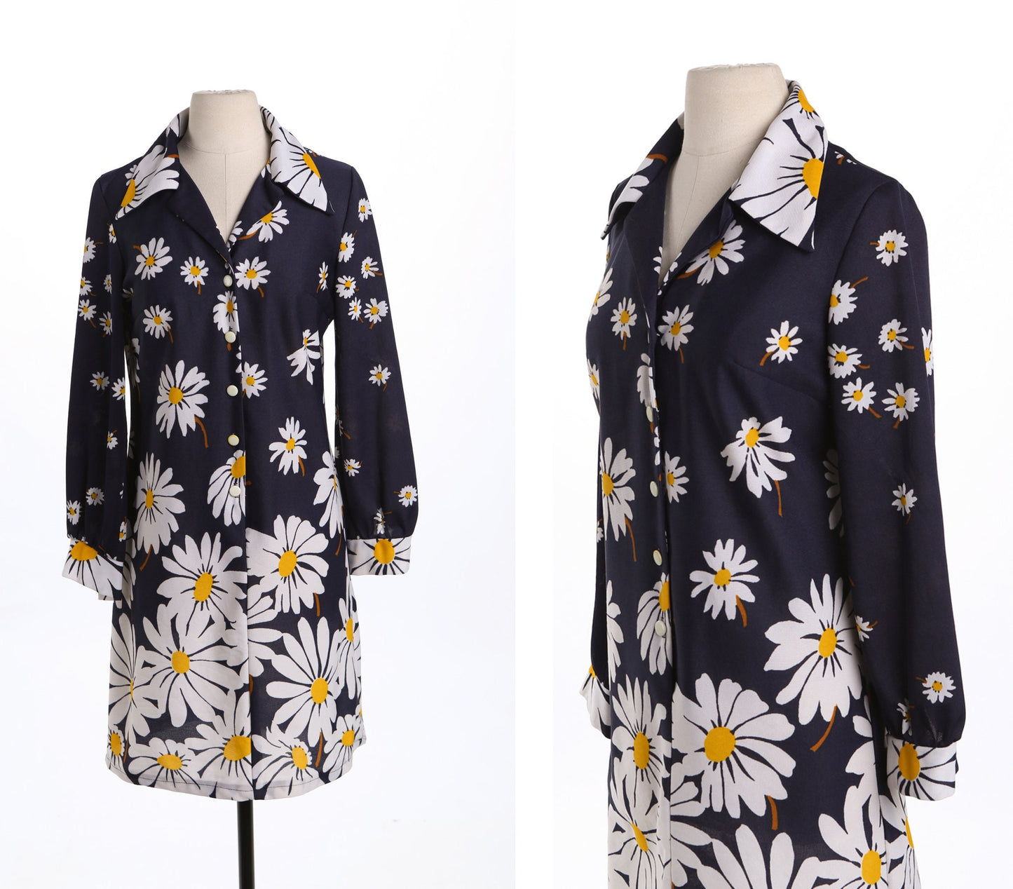 70's White Floral Print Blue Poly Dress - Mod - Collared