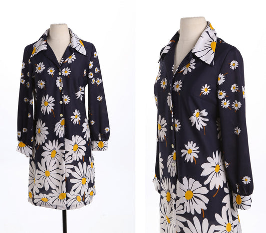 70's White Floral Print Blue Poly Dress - Mod - Collared