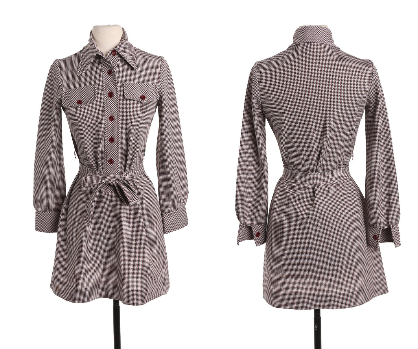 70's Women Brown Plaid Mod Long Sleeve Dress with Waist Belt