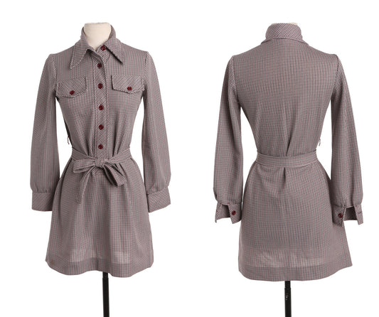 70's Women Brown Plaid Mod Long Sleeve Dress with Waist Belt