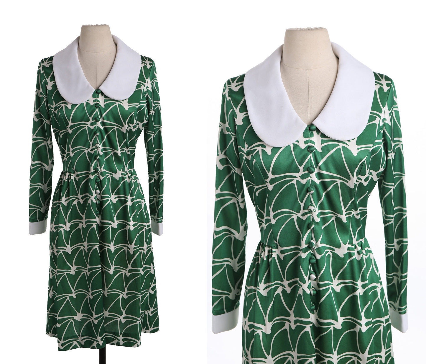 70's Green Button Down Poly Summer Dress