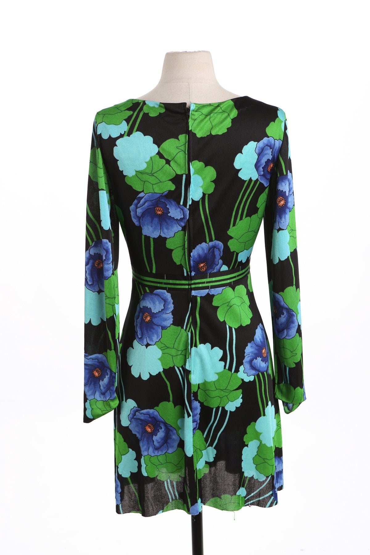 70's Women Floral Print Black Summer Dress