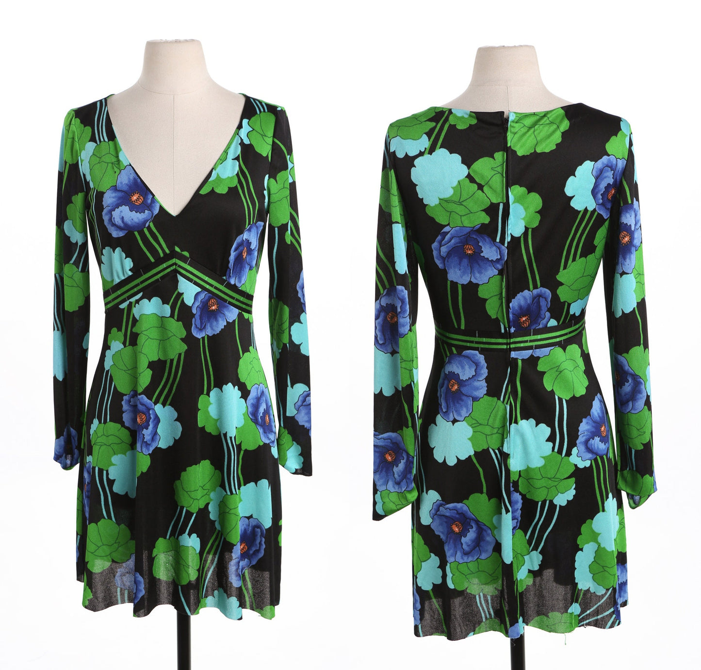70's Women Floral Print Black Summer Dress