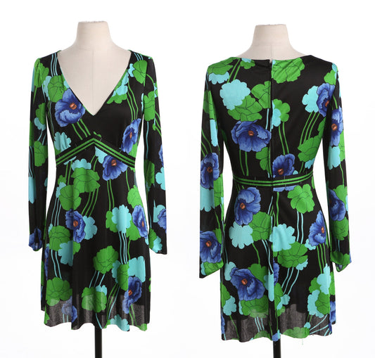 70's Women Floral Print Black Summer Dress