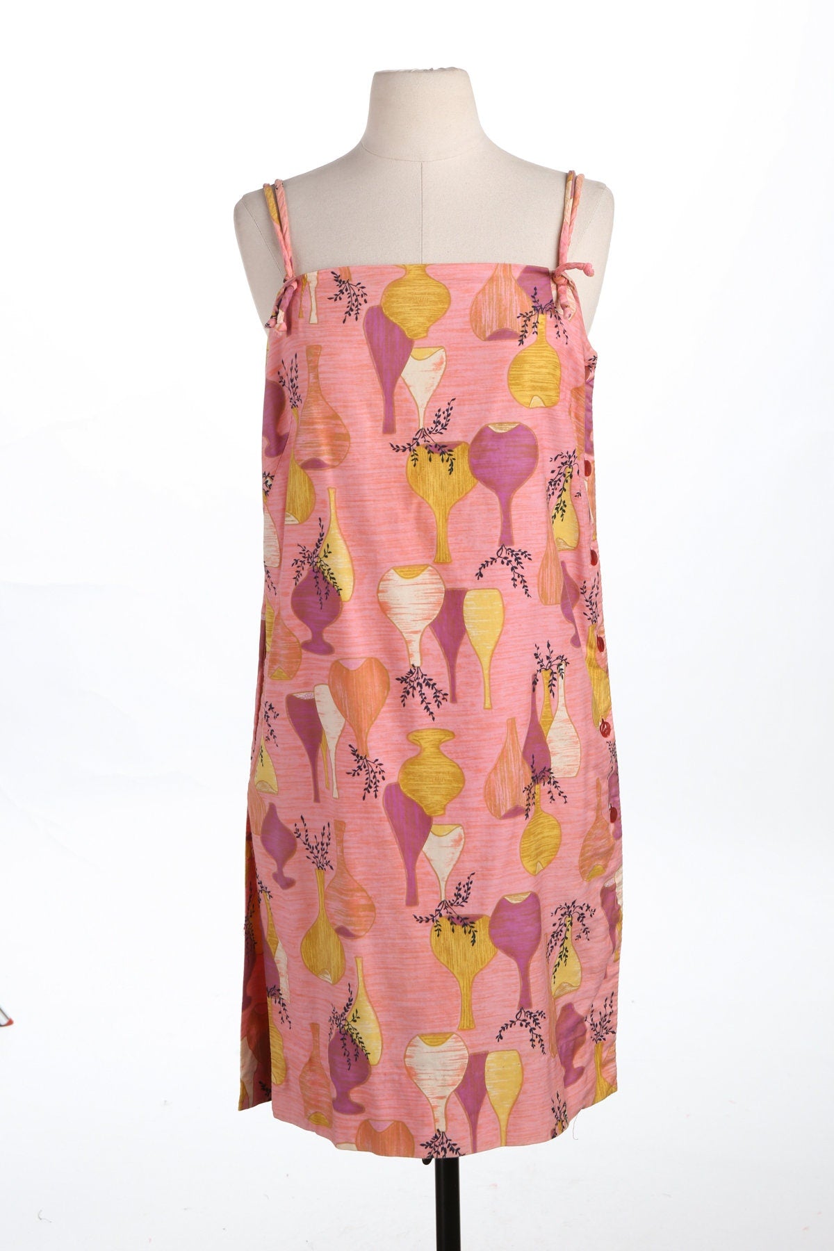 Vintage Pink Summer Dress - Era 60's - 70's - Vases Print