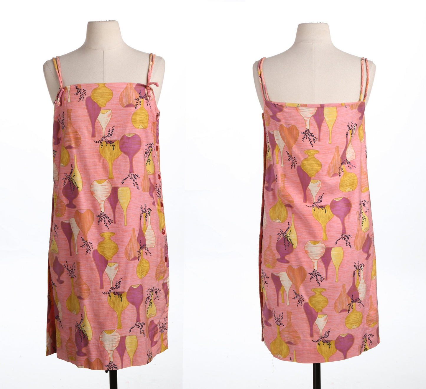 Vintage Pink Summer Dress - Era 60's - 70's - Vases Print