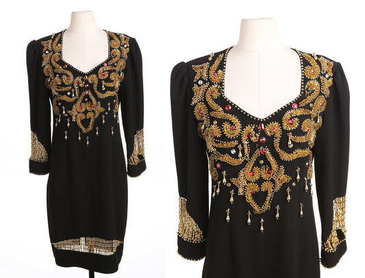 90's Black Sequin Detail Evening Dress