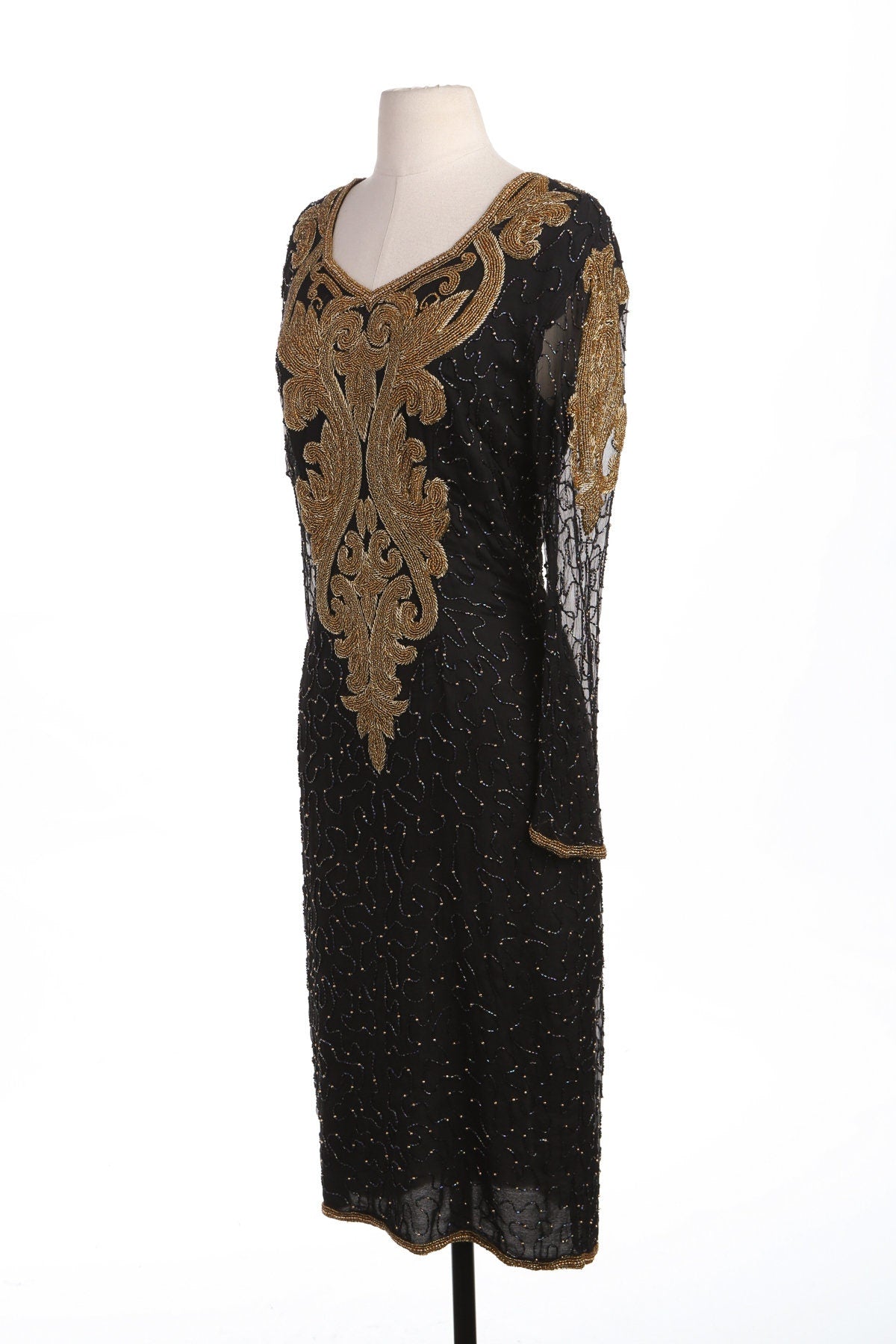 Vintage Women Black and Gold Sequin Dress