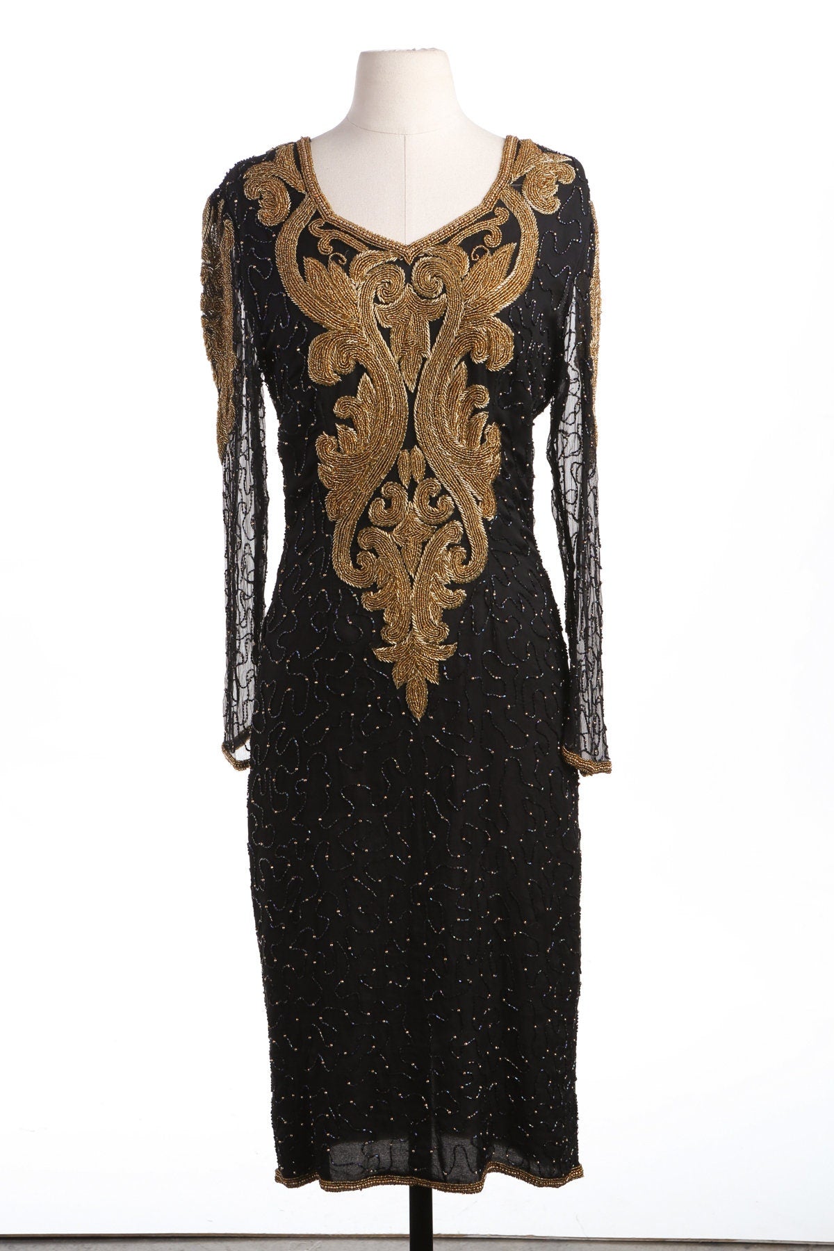 Vintage Women Black and Gold Sequin Dress