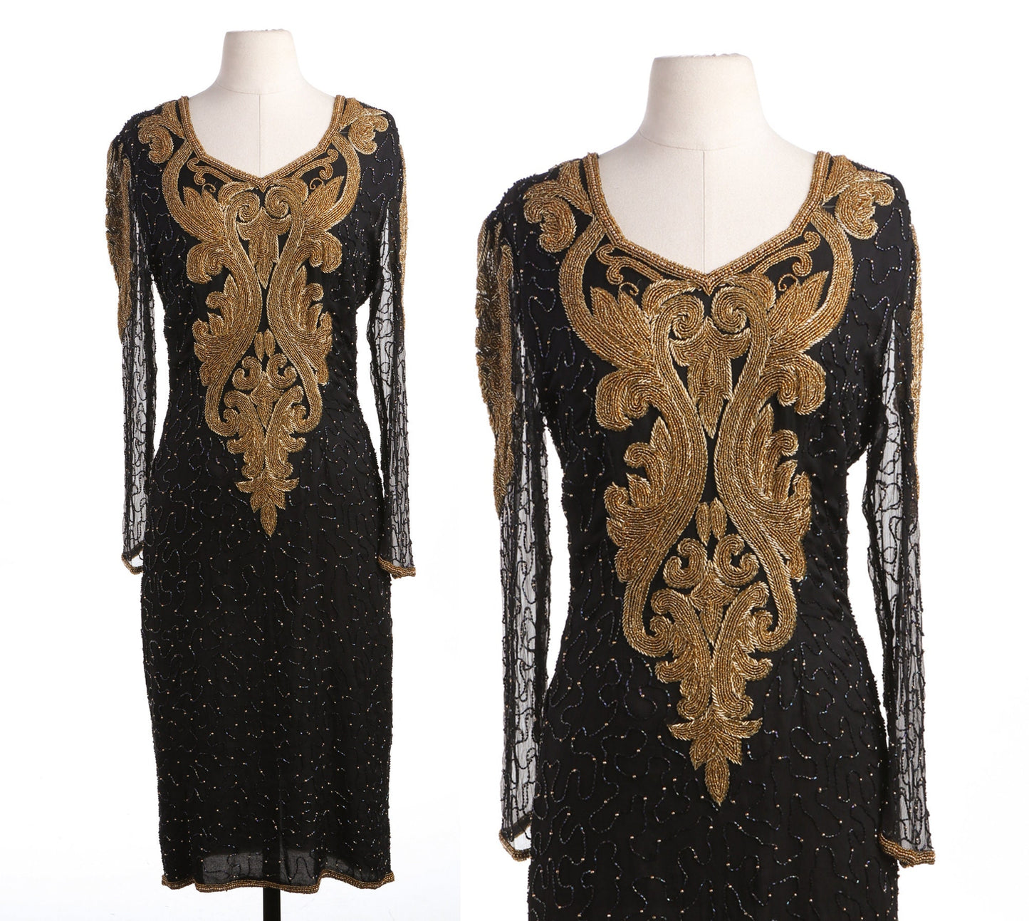 Vintage Women Black and Gold Sequin Dress