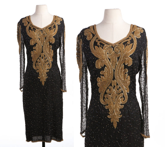 Vintage Women Black and Gold Sequin Dress