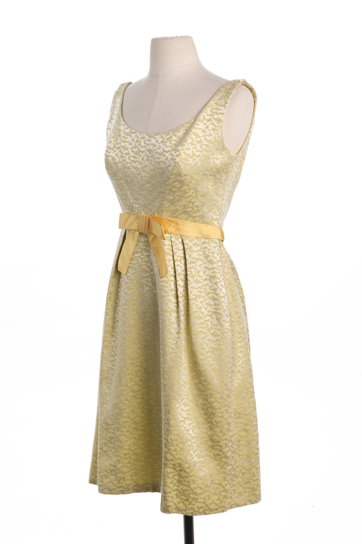 Vintage Women Yellow Brocade Evening Dress - Era 50's - 60's - Front Bow Details