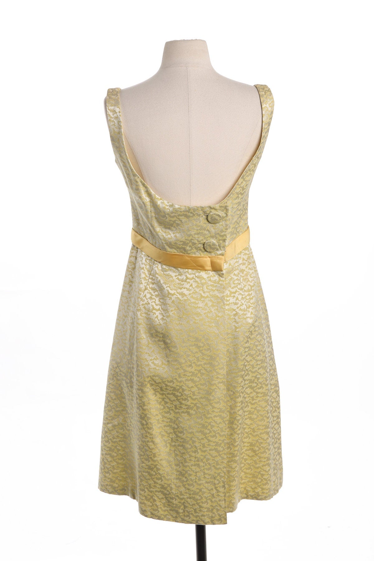 Vintage Women Yellow Brocade Evening Dress - Era 50's - 60's - Front Bow Details