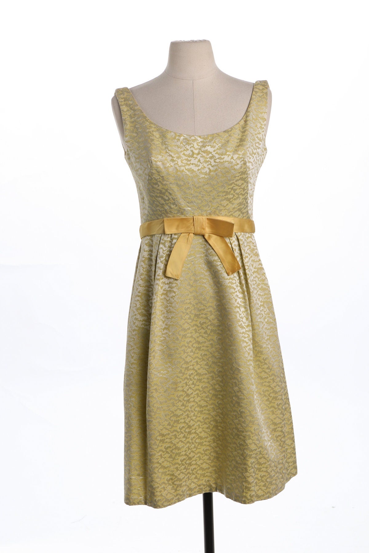 Vintage Women Yellow Brocade Evening Dress - Era 50's - 60's - Front Bow Details