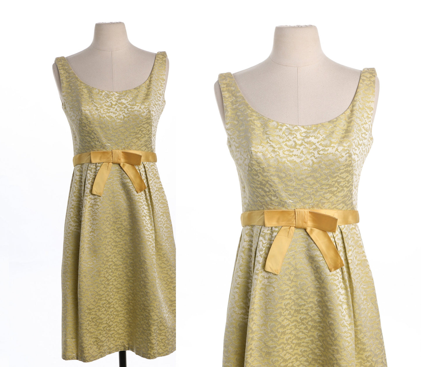 Vintage Women Yellow Brocade Evening Dress - Era 50's - 60's - Front Bow Details