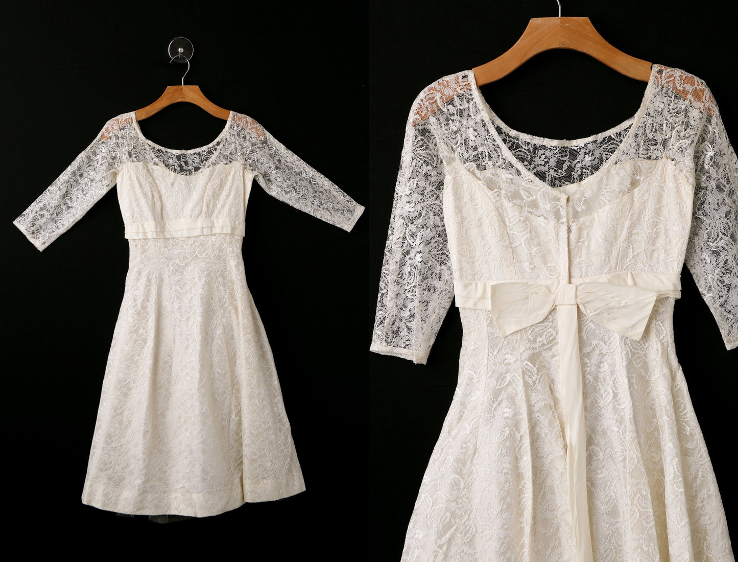 Vintage Wedding Dress - Era 50's - 60's - White Floral Design Lace Sleeves