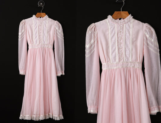 Vintage Pink Prairie Dress - Long Sleeve - Era 70's to 80's