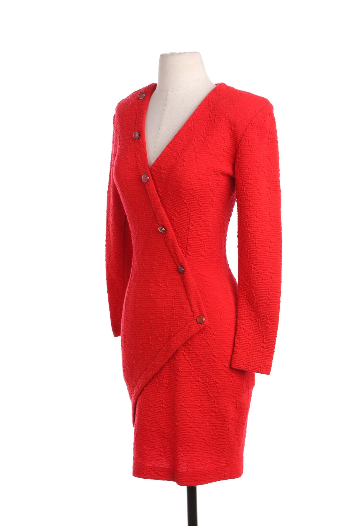 Women 80's Red V Neck Casual Dress with Back Zipper Closure