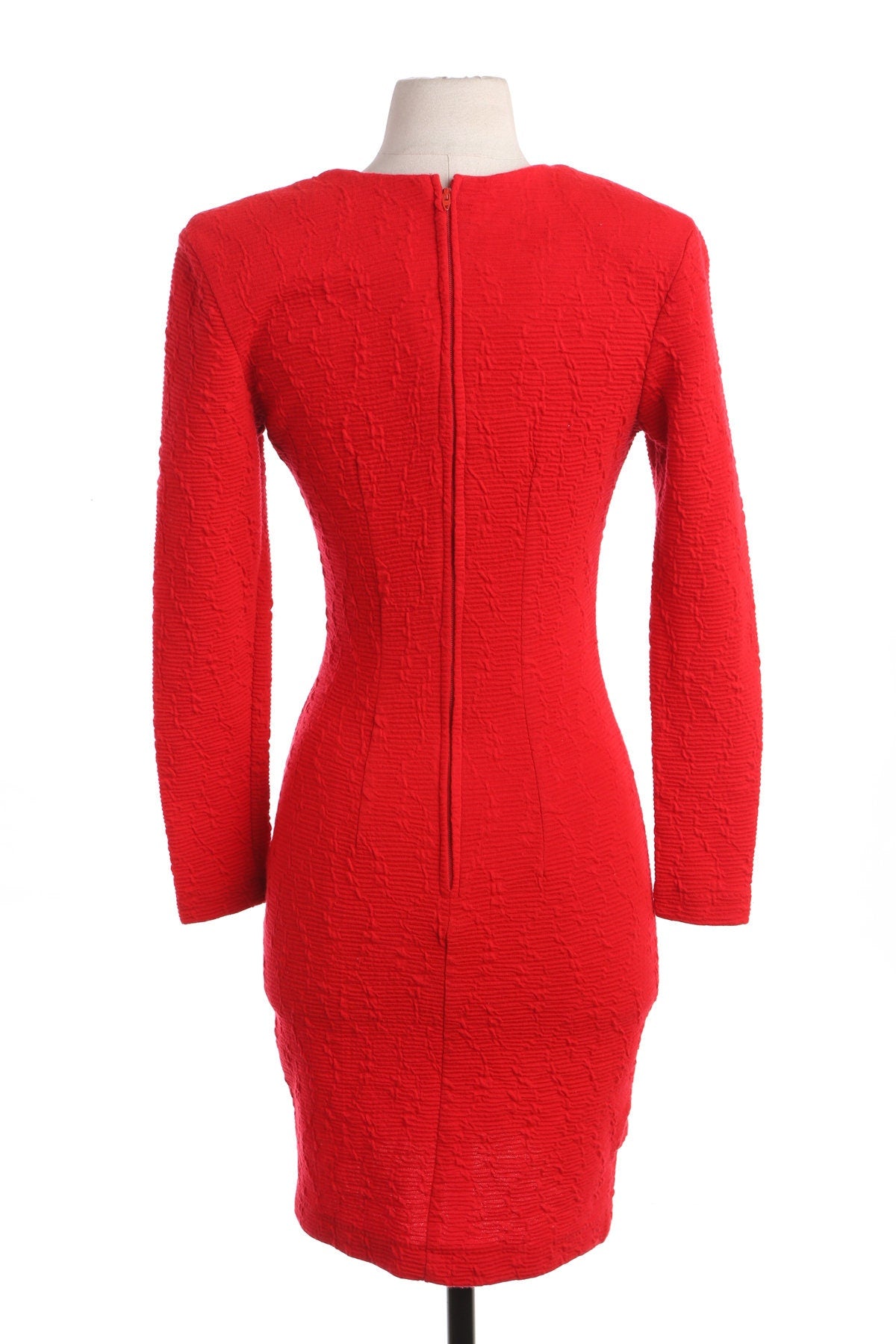 Women 80's Red V Neck Casual Dress with Back Zipper Closure