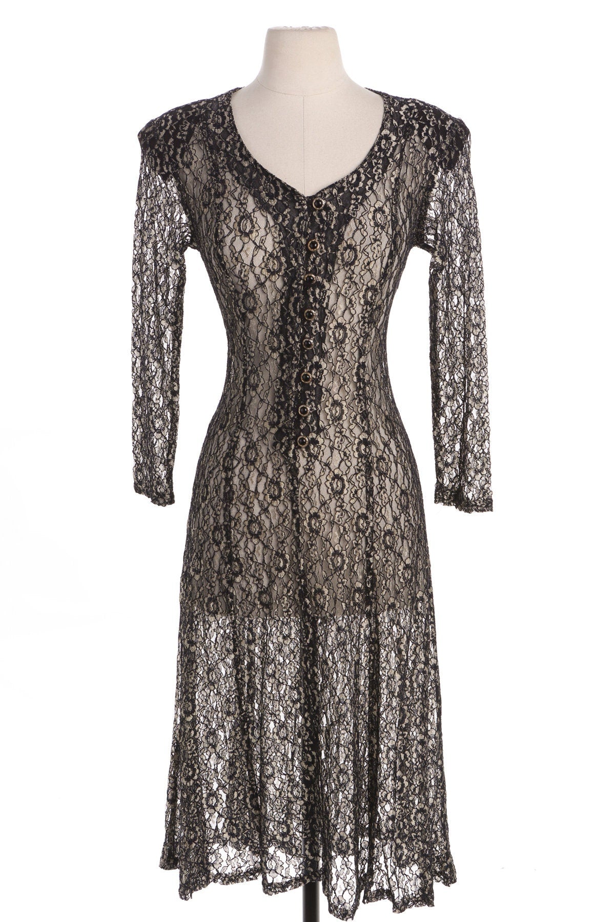 Vintage Woman Black Floral Lace 90's Summer Dress with Back Waist Tie by Timins