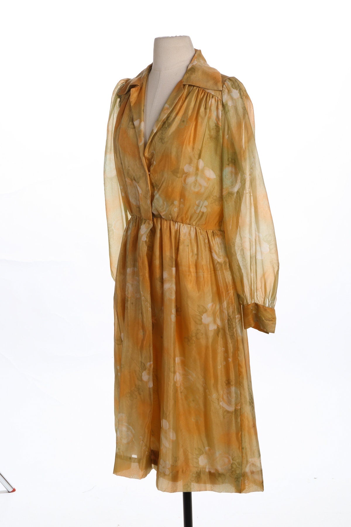 70's Floral Print Sheer Yellow Casual Dress