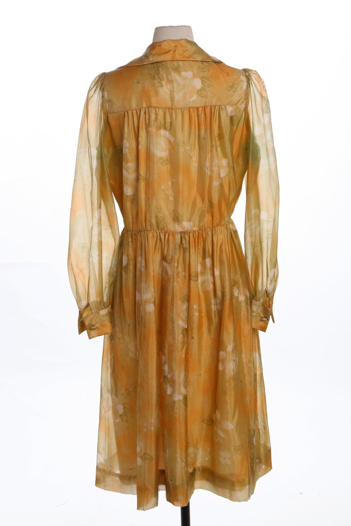 70's Floral Print Sheer Yellow Casual Dress
