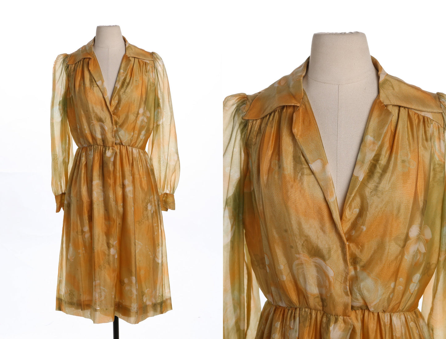 70's Floral Print Sheer Yellow Casual Dress