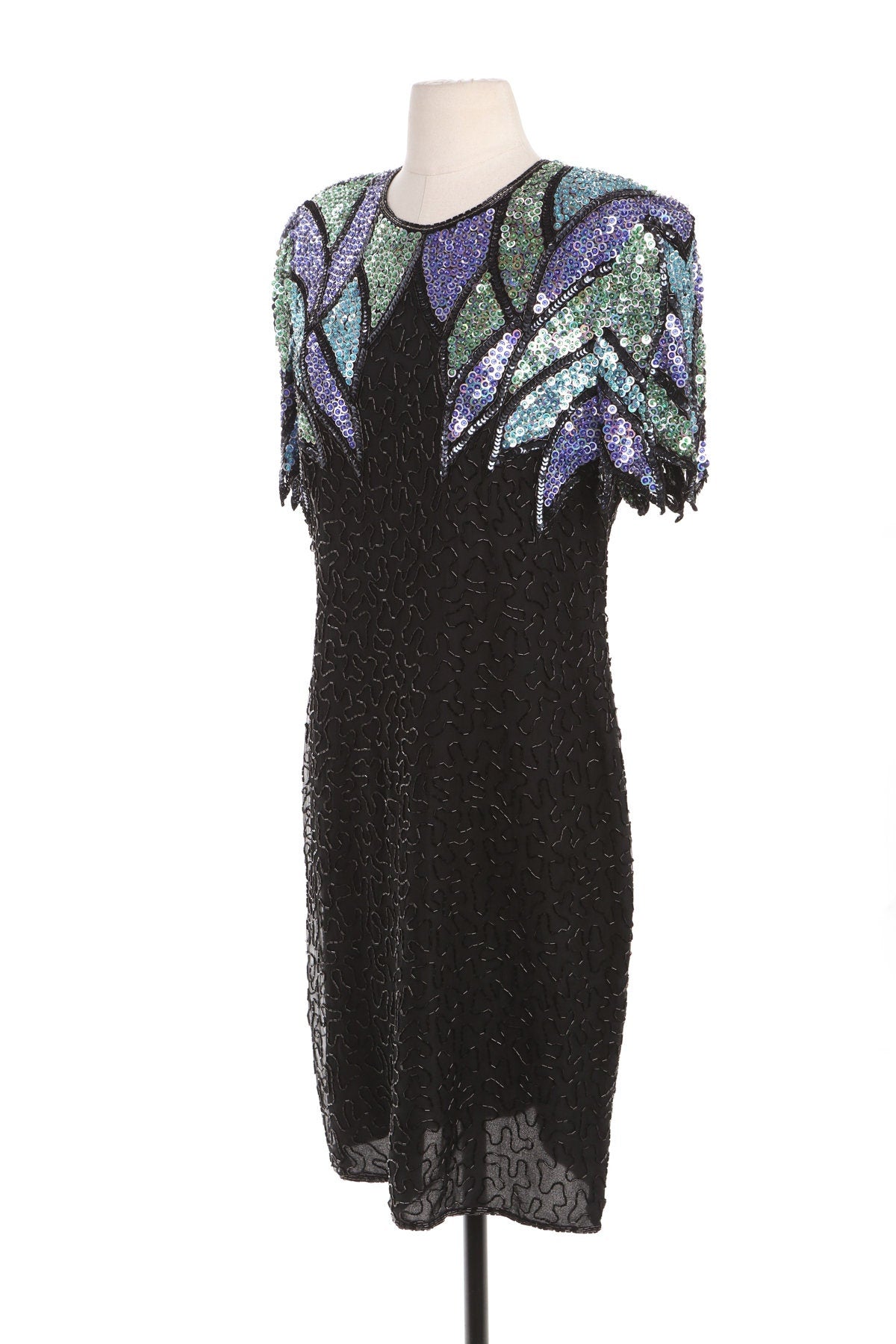 Vintage Sequin Dress - Short Sleeve - Shoulder Leaves Pattern - Era - 80's 90's