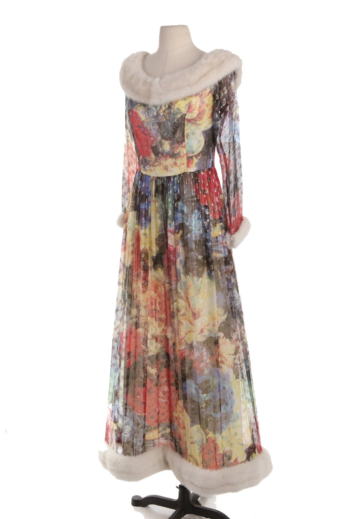 Vintage Floral Print Long Elegant Dress with Fur Collar