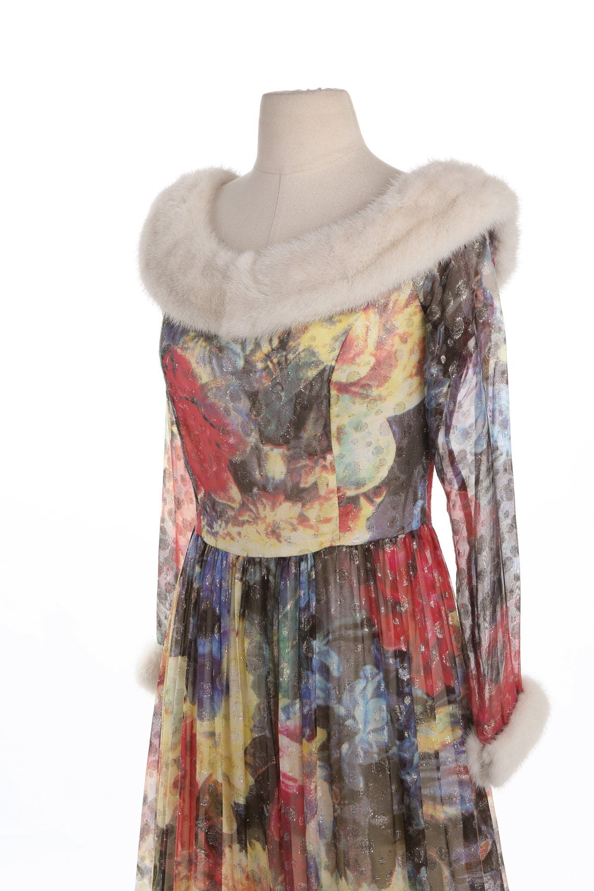 Vintage Floral Print Long Elegant Dress with Fur Collar