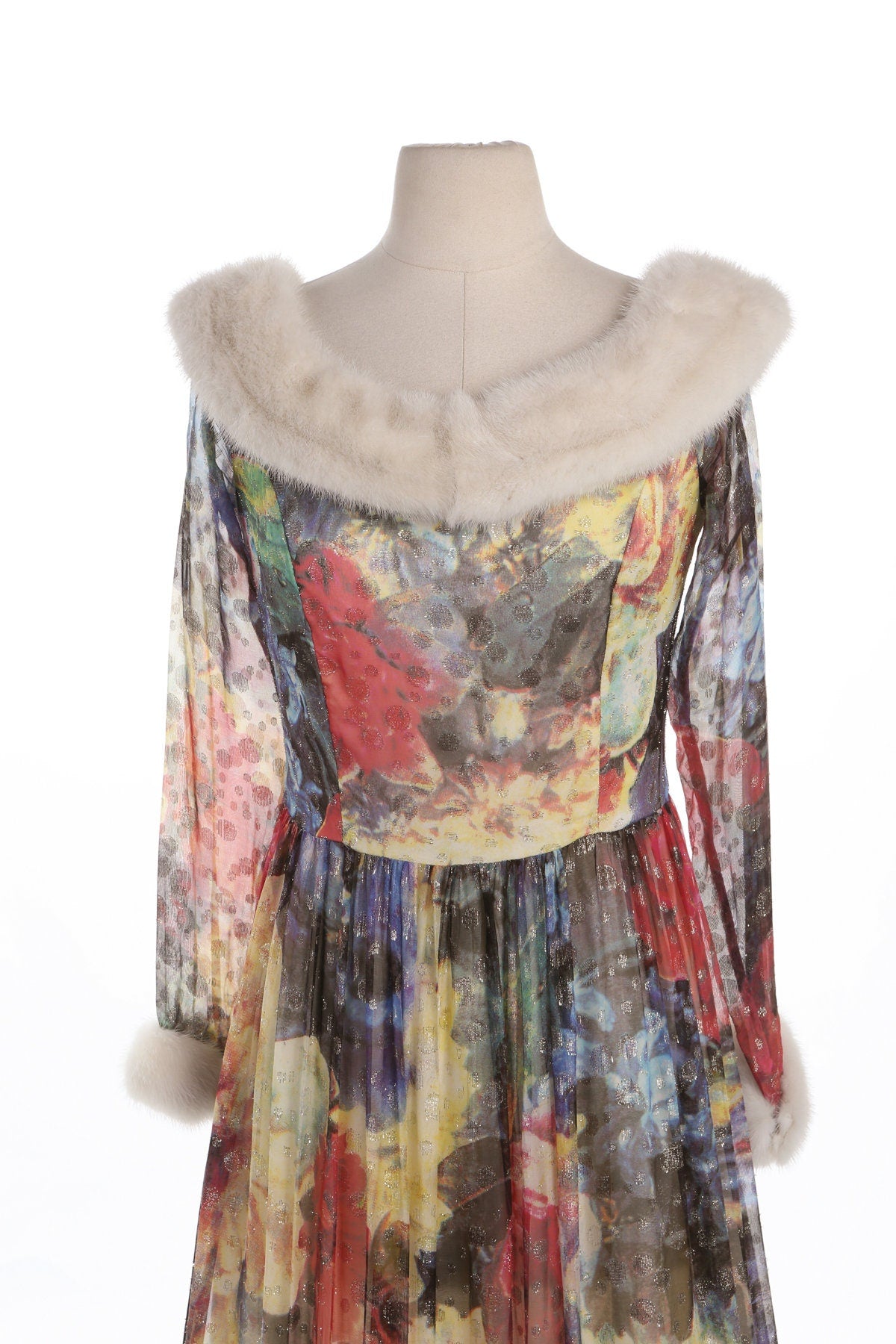 Vintage Floral Print Long Elegant Dress with Fur Collar