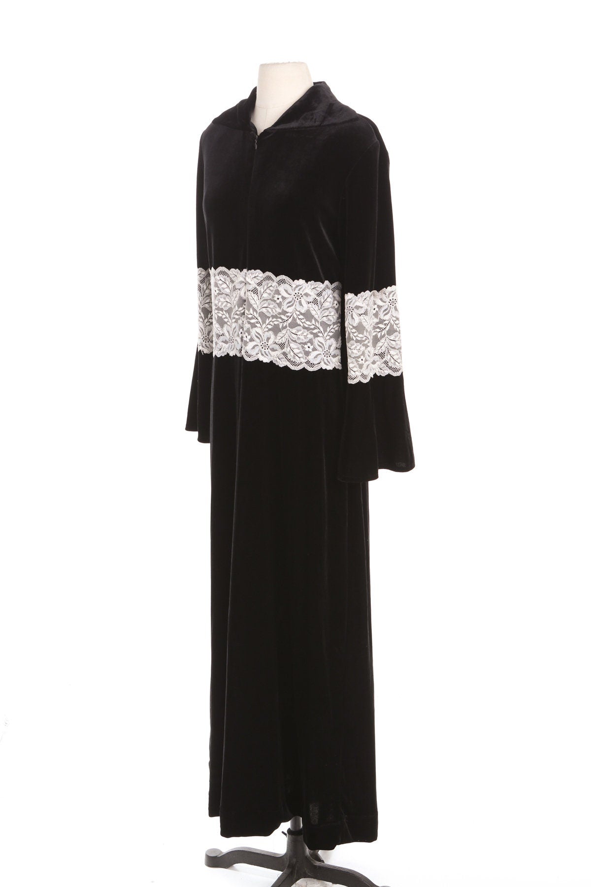 Black Long Velvet Dress with White Lace Waist Details
