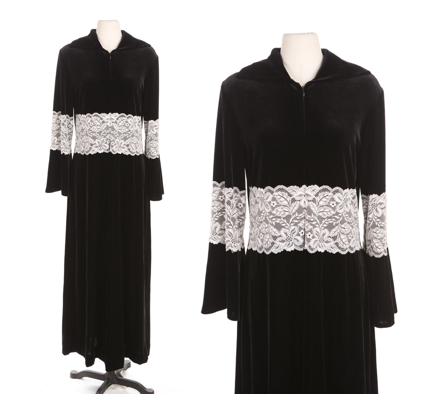 Black Long Velvet Dress with White Lace Waist Details