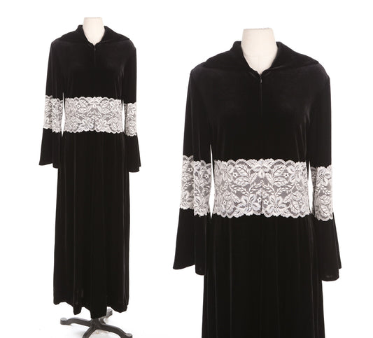 Black Long Velvet Dress with White Lace Waist Details